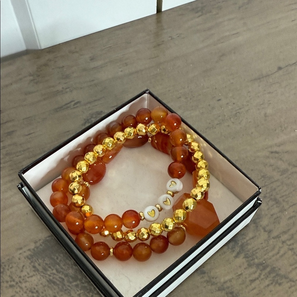 Gold Plated Hematite Orange Agate, Carnelian Beaded Bracelet Set - NEW